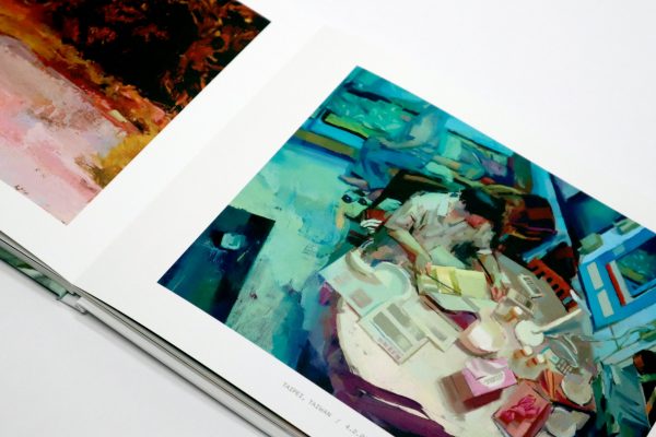 Close up view of inner pages open to "Taipei, Taiwan" painting and "Rockaway, Queens, NY" painting from "Surveillance" book